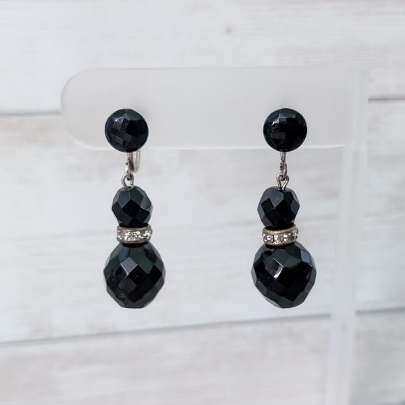 Vintage Screw Back Earrings Black Faceted Dangle - Picture 1 of 5